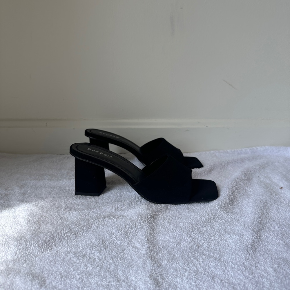 BAMBOO Suede Black Block Heel Mules